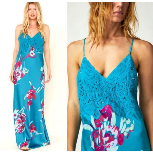 FREE PEOPLE Forever Yours Lace Satin Floral Maxi Dress Size XS - Picture 3 of 10